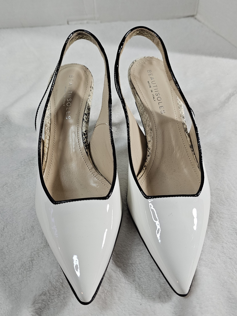 Beautisoles White Patent Slingback Pumps with Black Trim